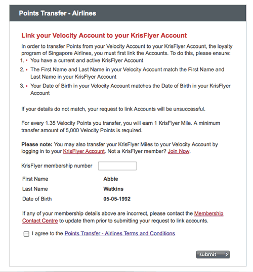 Transfer frequent flyer points Velocity and KrisFlyer